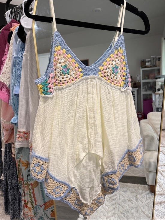 POL Tops - POL Crochet-Trim Cream Gauze Camisole Top - Pastel Accents